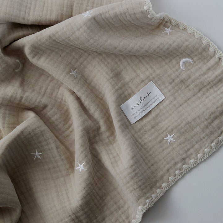 mela-B-6 Layer Gauze Blanket Embroide Star & Moon-Beige-70cm X 85cm-Rela-X JP