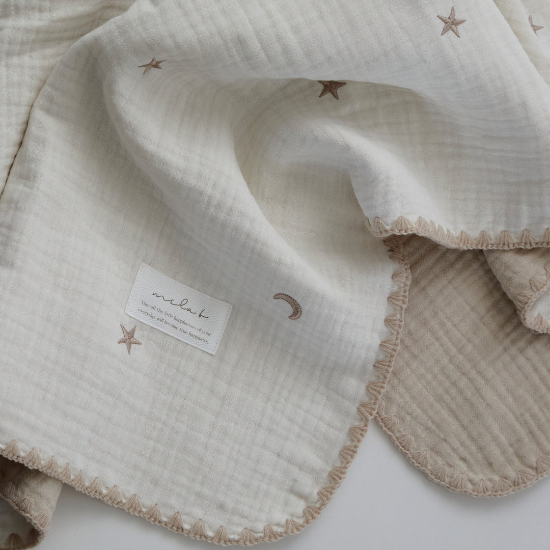 mela-B-6 Layer Gauze Blanket Embroide Star & Moon-Ivory-70cm X 85cm-Rela-X JP